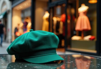 Obraz premium Green cap resting on a table with a boutique background