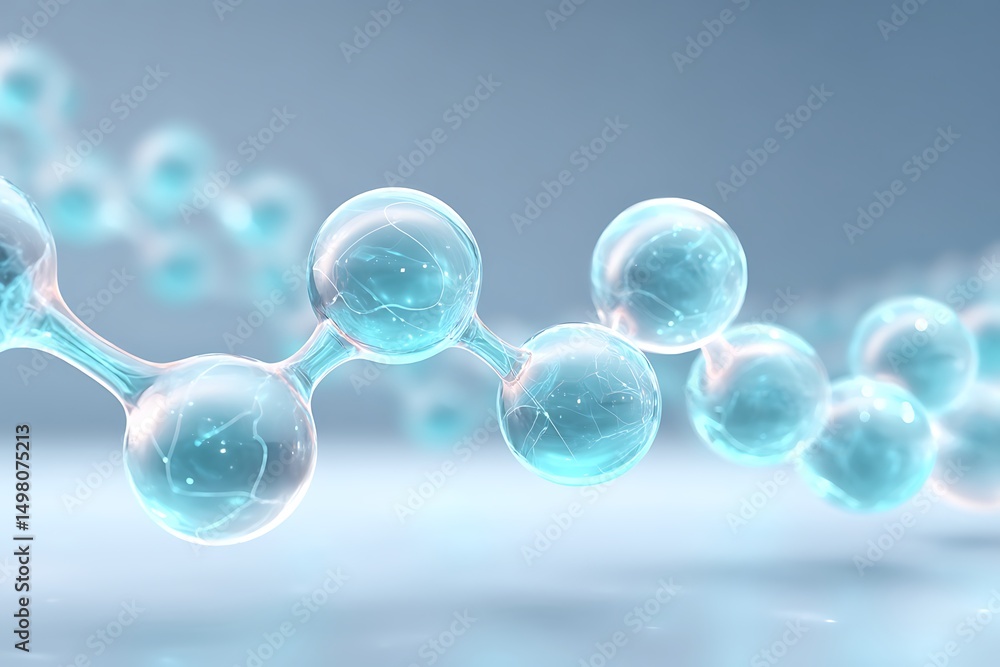 Poster stylized molecular chains hovering along bottom edge with light cyan gradient background and negativ