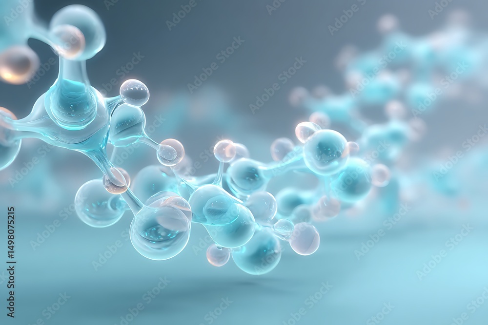Poster stylized molecular chains hovering along bottom edge with light cyan gradient background and negativ