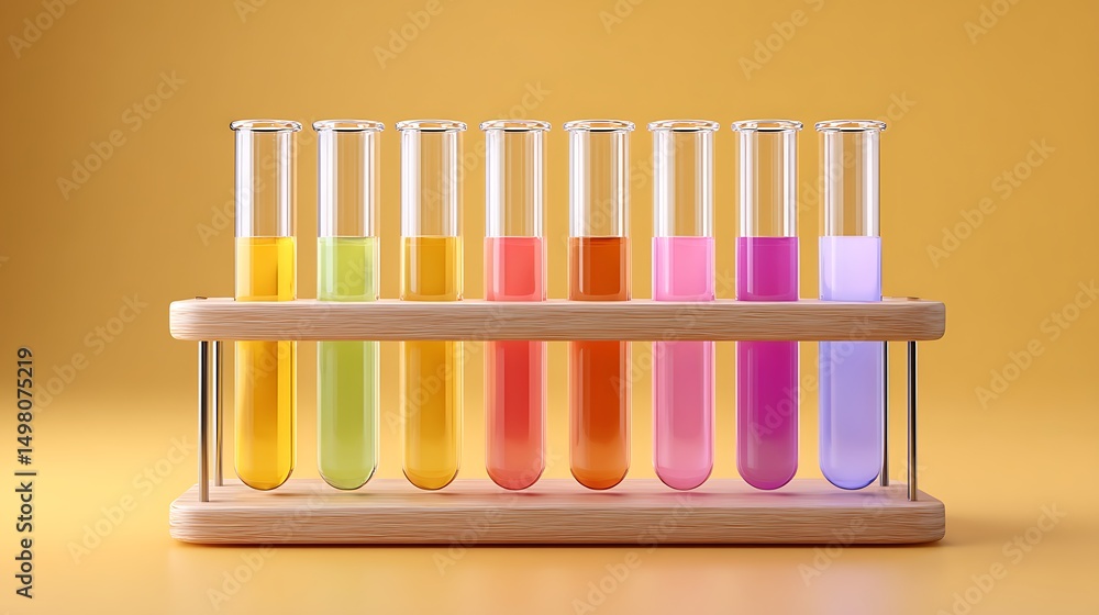 Poster test tube rack with multicolored solutions on soft yellow solid background, wide format with copy sp