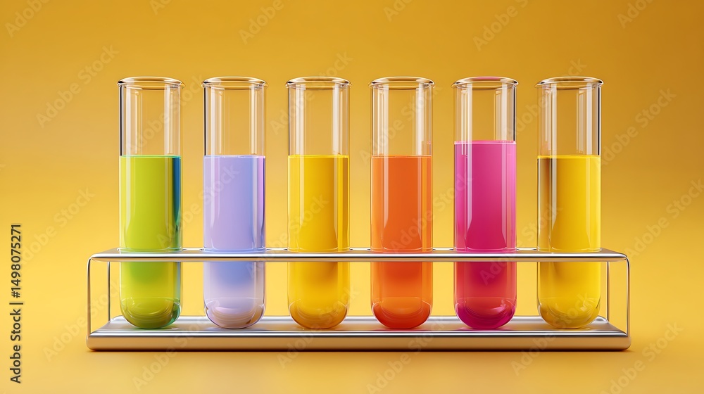 Poster test tube rack with multicolored solutions on soft yellow solid background, wide format with copy sp