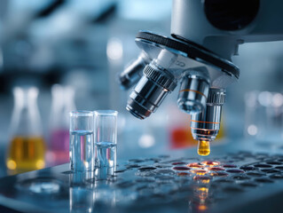 Advanced microscope in modern laboratory setting with samples