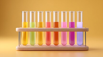 Test tube rack with multicolored solutions on soft yellow solid background, wide format with copy space,