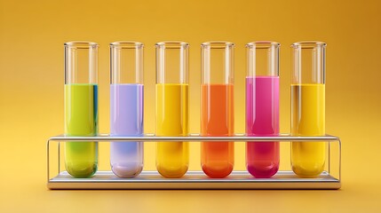 Test tube rack with multicolored solutions on soft yellow solid background, wide format with copy space,