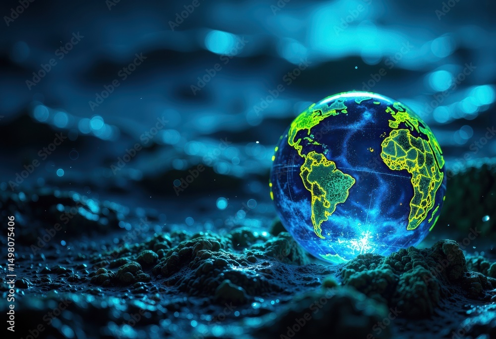 Poster glowing digital globe representing earth on a textured surface with a futuristic atmosphere