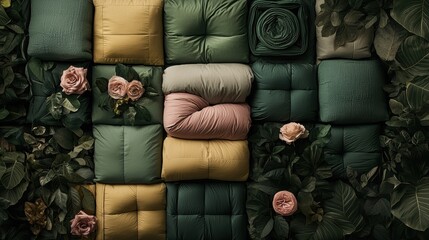 A collection of colorful pillows and blankets arranged in a visually appealing pattern.