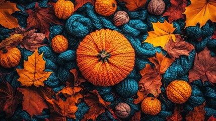 Autumnal Decoration: A Pumpkin, Walnut, and Maple Leaf on a Blue Rope