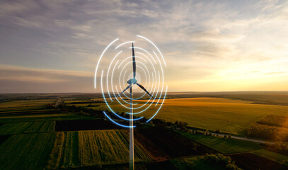 Digital graphic work on green energy power Production.Renewable energy design.Windmill and graphic diagram of air currents that produce green energy. Green energy power production it is future.
