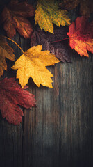 Obraz premium Autumn leaves on rustic wooden background fall colors