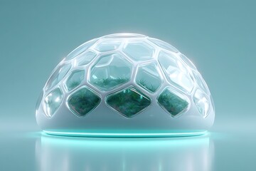 Transparent bio-dome model on soft teal background, futuristic eco-lab concept with copy space,