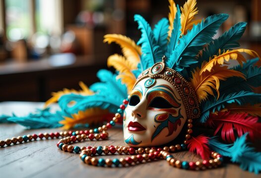 Colorful masquerade mask adorned with feathers and beads on a wooden table