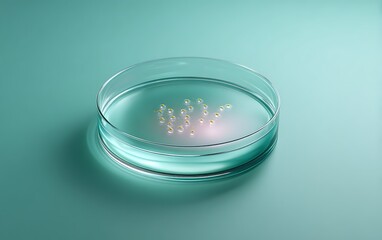 Transparent Petri dish with culture sample placed bottom-right on mint gradient background with negative space,