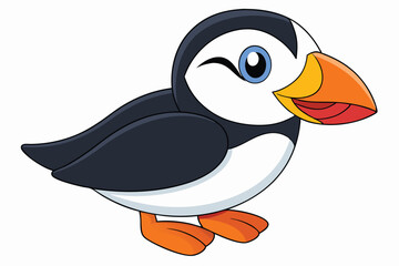 Cartoon Puffin Illustration with Playful Wink, Black and White Plumage, and Colorful Beak