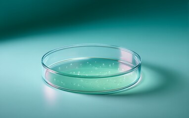 Transparent Petri dish with culture sample placed bottom-right on mint gradient background with negative space,