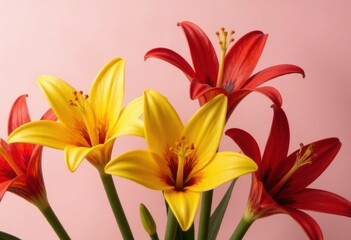 Obraz premium Vibrant yellow and red lilies arranged beautifully against a soft pink background