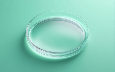 Transparent Petri dish with culture sample placed bottom-right on mint gradient background with negative space,