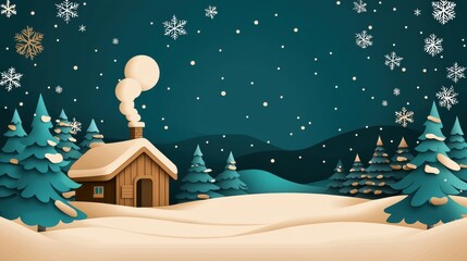A cozy cabin nestled in a snowy forest, with a warm glow from the fireplace and a starry night sky overhead.