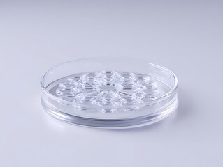 Transparent petri dish with geometric patterns on soft white background, center focus with room to edit,