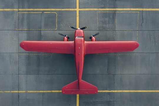 Aerial view captures red single-engine airplane parked on gray tarmac at an airport, Aerial view of red single-engine airplane on gray tarmac