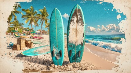 A beach scene with two surfboards and palm trees.
