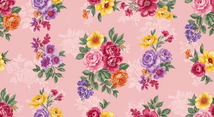 Pink Floral Bouquet Pattern - Vibrant floral pattern featuring pink, yellow, purple, and orange roses and other blooms on a soft pink background. Perfect for textile design, wallpaper