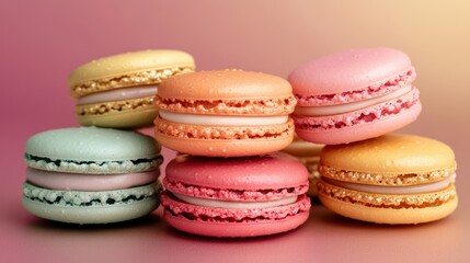 Fototapeta premium A stack of pastel colored macarons on a pink surface and background.