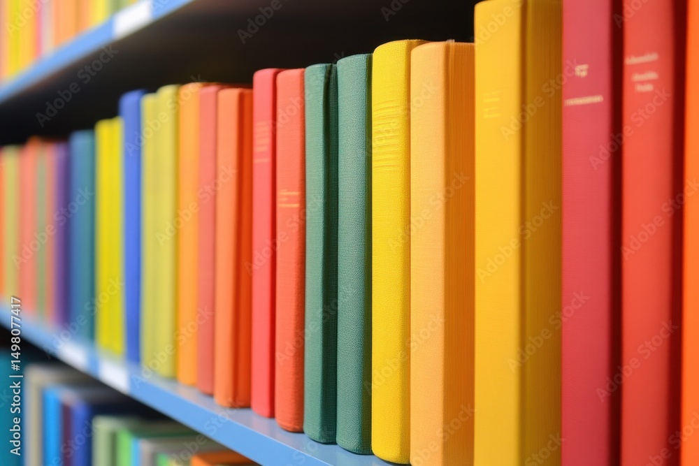 Poster colorful book collection displayed on a library shelf creating a vibrant reading atmosphere, colorfu