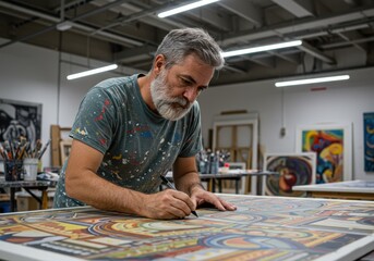 An experienced artist meticulously adds details to a painting, showcasing his artistic passion in his studio.