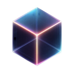 Radiant Dreams An ethereal cube radiates neon hues, blending shades of blue, pink, and purple, capturing a mesmerizing digital realm in a semi-transparent glow.