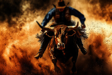 Obraz premium cowboy riding a bull in the dust