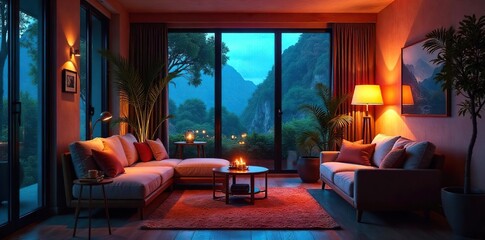 Relaxing in a cool, dimly lit interior space with comfortable seating and ambient lighting, perfect for summer comfort , summer, relaxation