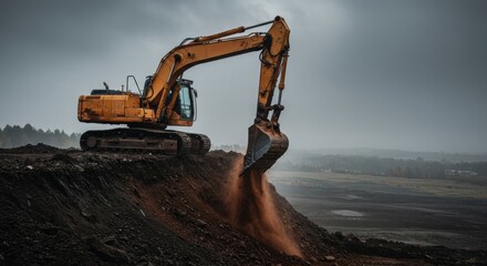 Rusty Excavator Digging Cliffside Under Cloudy Sky - A powerful excavator digs into a dark soil cliff under a cloudy sky, symbolizing industry, earthwork, construction, progress