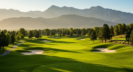 Scenic Mountain Golf Course - Stunning panoramic view of a lush green golf course nestled in a mountain valley, bathed in sunlight
