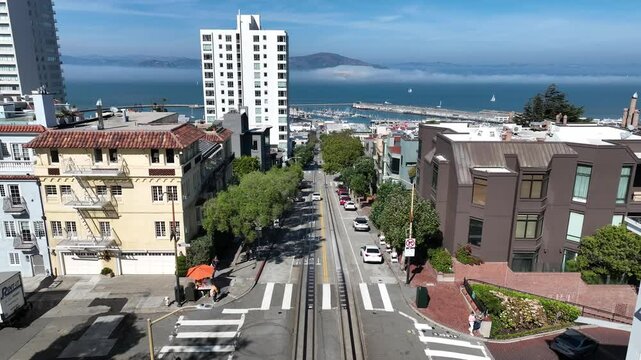 Hyde Street In San Francisco California United States. Aerial View Of A Bustling City With High-Rise Buildings And Traffic. Business Sky Downtown Cityscape. Business Panoramic City.