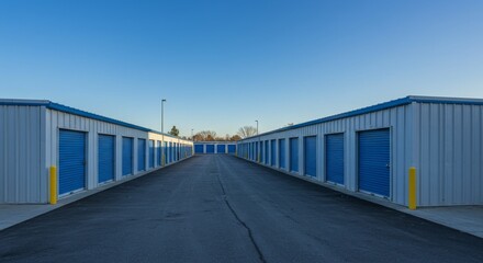 Fototapeta premium Secure Self Storage Units - Rows of clean, well-maintained self storage units under a clear blue sky. Ample parking and easy access