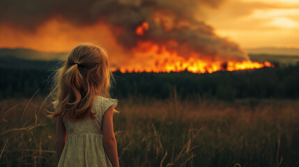 Obraz premium Girl looking at a forest fire in the distance, emotional and environmental scene evoking climate change, loss, and awareness
