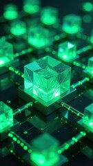 Close up of a green cube with a green background. The cubes are all different sizes