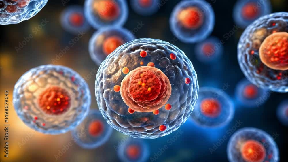 Poster a vivid depiction of microscopic cells, showcasing their structure and components with a focus on bi