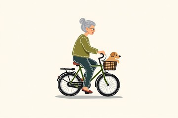Charming Illustration of Elderly Woman Cycling with Small Dog in Basket, Featuring Simple Line Art Style and Nostalgic Character Design