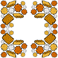 Appetizing cookies, crackers, biscuit pastries, seamless pattern in cartoon style. Frame with baking elements, ruddy buns.