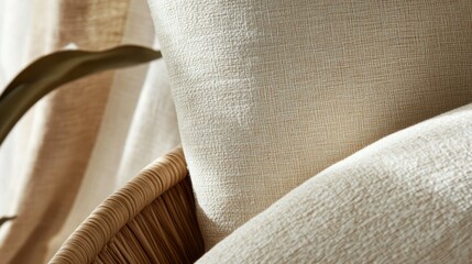 Beige pillows on a rattan chair with a textured fabric and soft lighting.