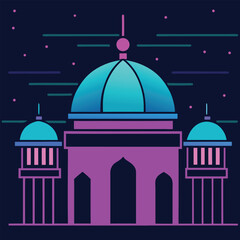Modern Line Art Illustration of Islamic Mosque at Night with Vibrant Colors
