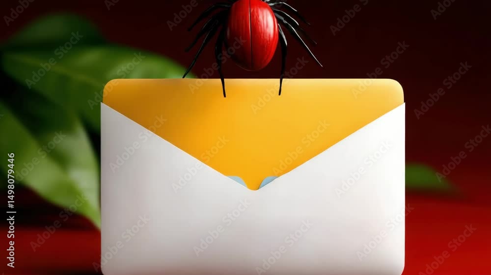 Poster a realistic bug sits on a yellow and white envelope, symbolizing email threats or malware, against a
