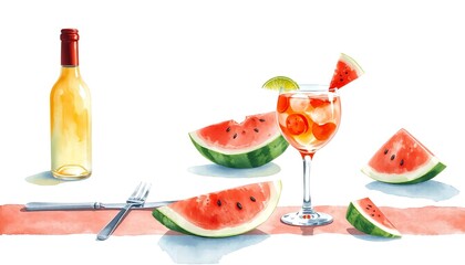 Watercolor Composition of Summer Refreshment featuring White Wine Bottle and Watermelon Cocktail with Fresh Fruit on Peach-Colored Surface
