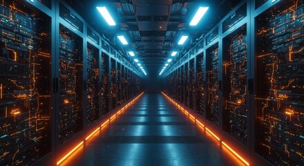 Fototapeta premium Server Room Corridor - Futuristic server room with glowing orange and blue lights, showcasing rows of advanced data storage units