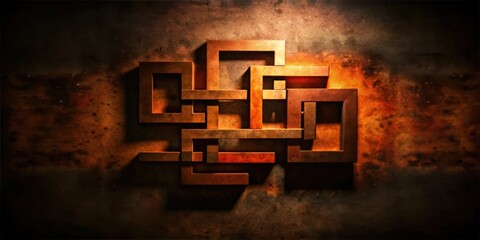 A complex metallic geometric pattern composed of intersecting squares and rectangles, illuminated by a spotlight, casting shadows on the textured, rusty background.