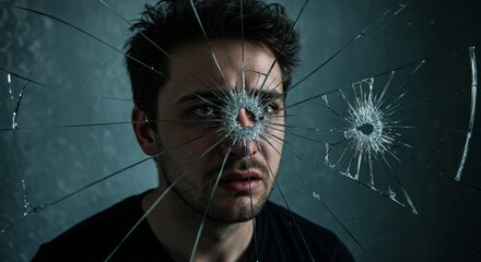 Shattered Reflections - A man's face is partially obscured by a shattered glass pane, conveying feelings of vulnerability and emotional distress