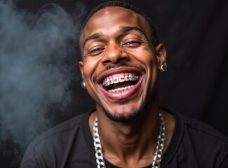 Young man smiling with braces against a dark smoky background