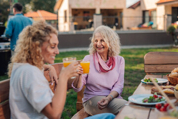 Happy women toasting with orange juice at family barbecue in backyard