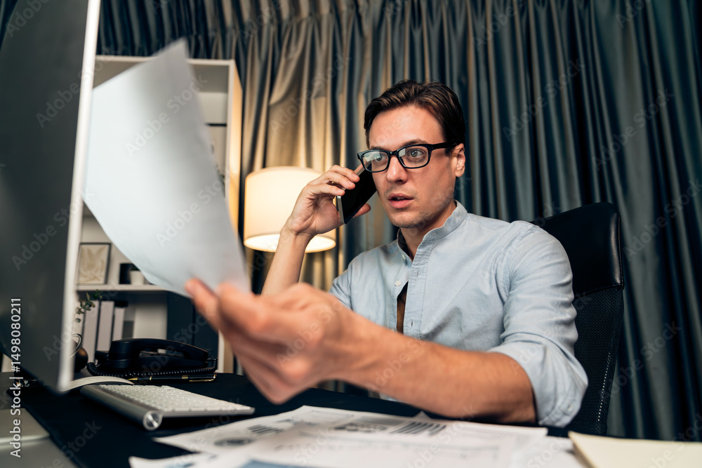 Poster smart businessman calling with smartphone for consulting business paragraph dynamic database marketi